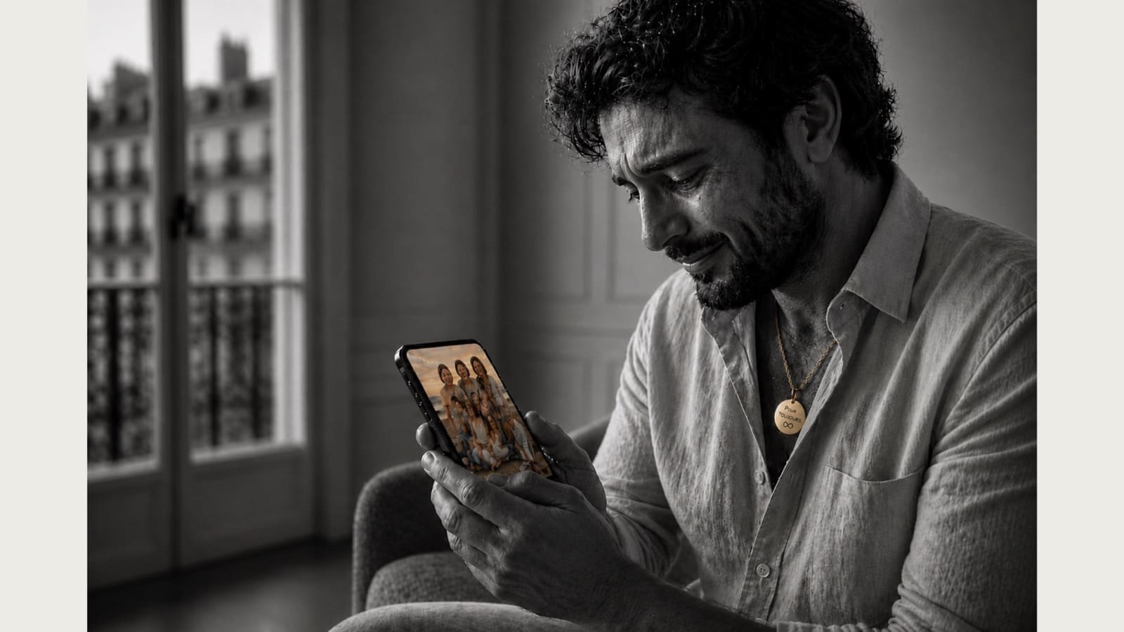 Homme regardant un film sur son smartphone, pendentif Plamidi au cou