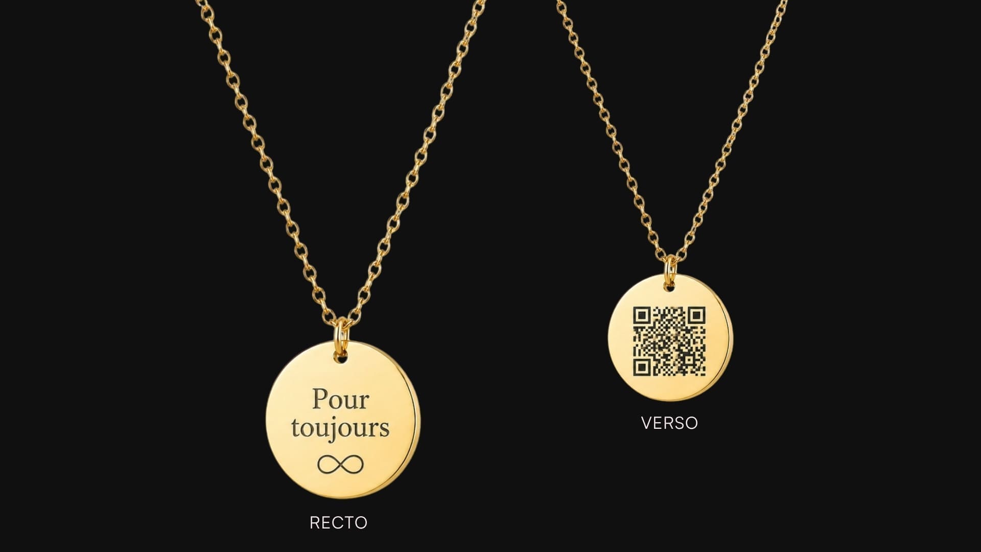 Pendentif or Plamidi avec gravure « Pour toujours ∞ » au recto et QR code au verso