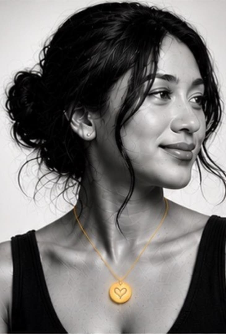 Portrait Plamidi : femme avec pendentif gravé porté avec émotion